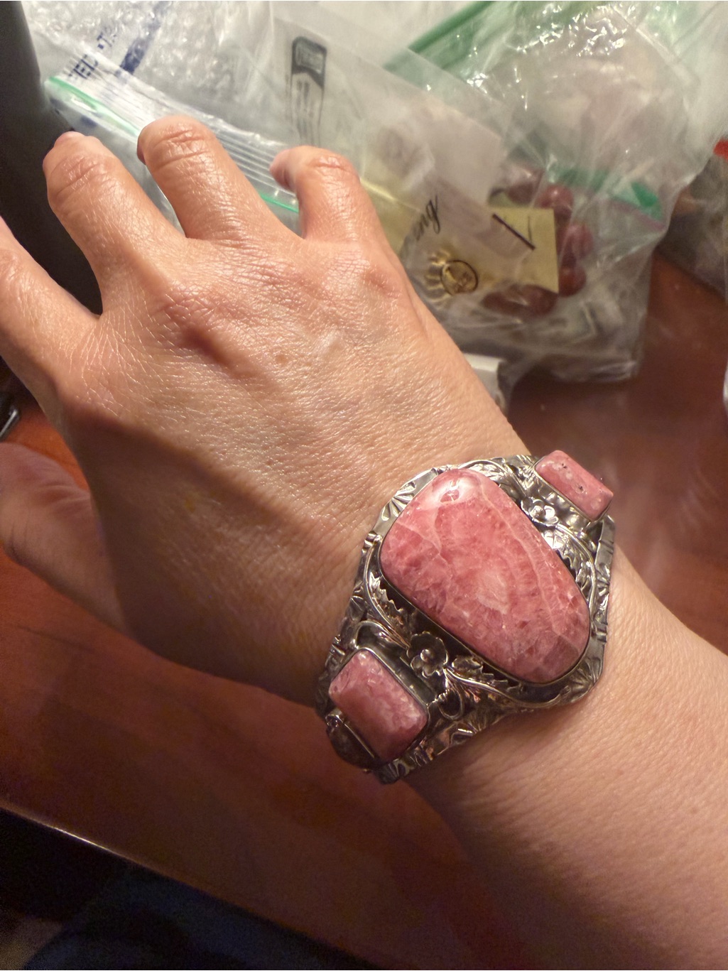 Exclusive Sterling Silver Rhodonite 3-Stone & 2 Tourmaline - Cuff Sz 6-3/4 To 8”